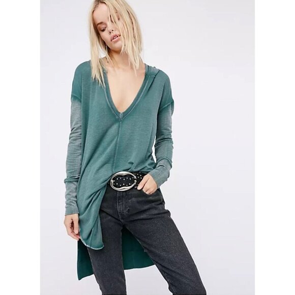 RARE Free People Distressed Green V-Neck Hooded Tunic SBoho Grunge Whimsigoth
